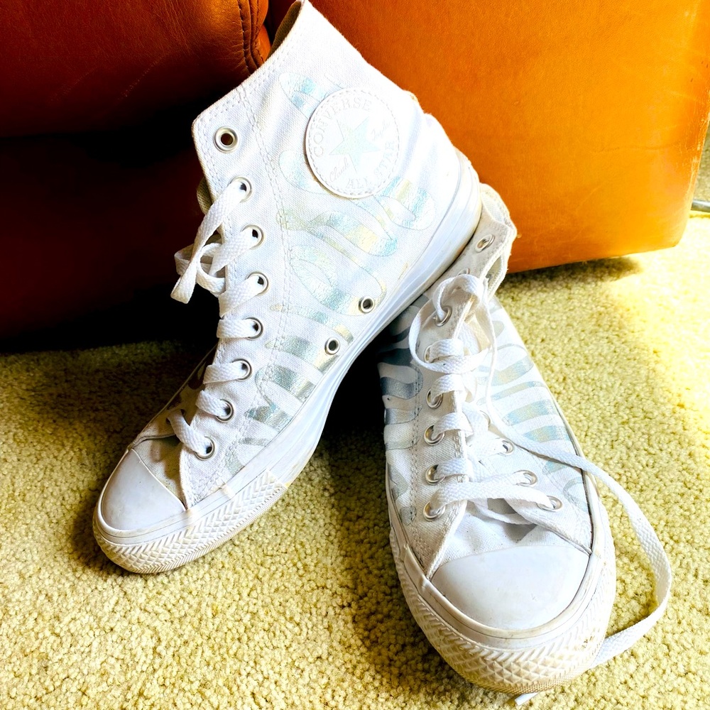 Women’s High Top Converse. White with silver logo. Size 9.